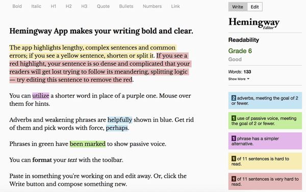 Πώς να γράψετε και να διαμορφώσετε αναρτήσεις, βέλτιστες πρακτικές που βασίζονται σε κείμενο μεγαλύτερης μορφής με βάση το κείμενο, εφαρμογή Hemingway