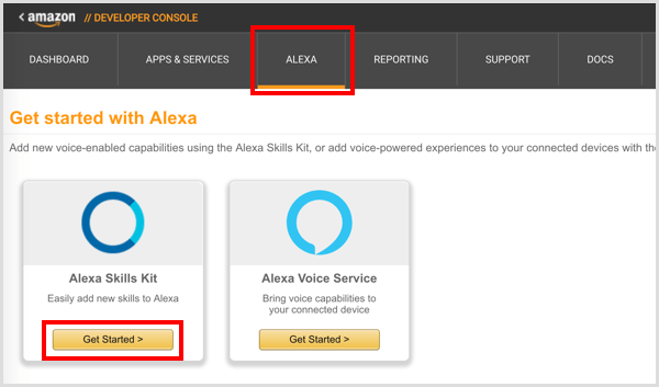 Κάντε κλικ στο κουμπί Έναρξη στο Alexa Skills Kit.
