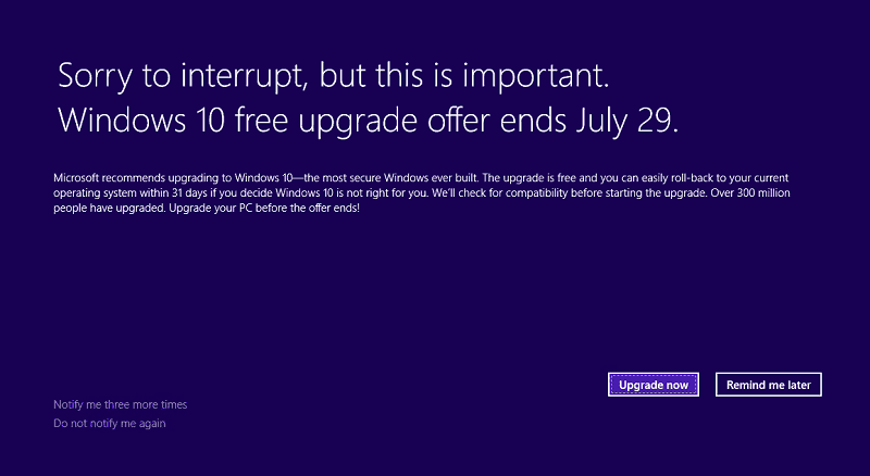 Η Microsoft δημοσιεύει ειδοποίηση προσφοράς δωρεάν αναβάθμισης για Windows 10