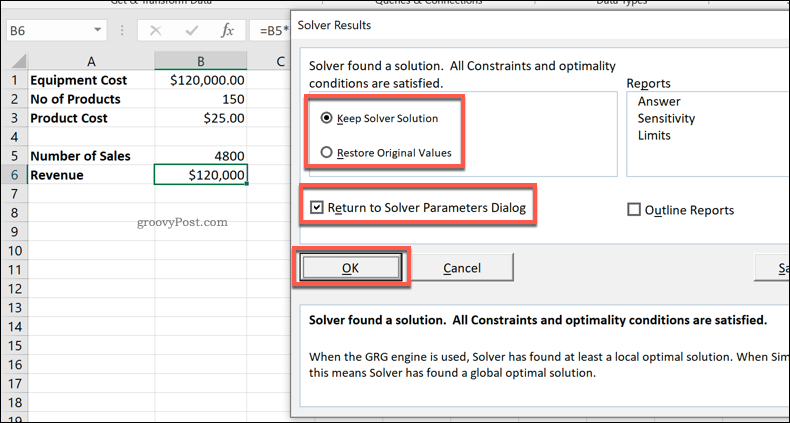 Παράθυρο αποτελεσμάτων Excel Solver