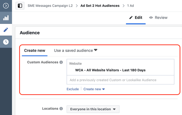 Πώς να μετατρέψετε τους επισκέπτες ιστότοπων με διαφημίσεις Facebook Messenger, βήμα 2, να δημιουργήσετε προσαρμοσμένο κοινό ιστότοπου