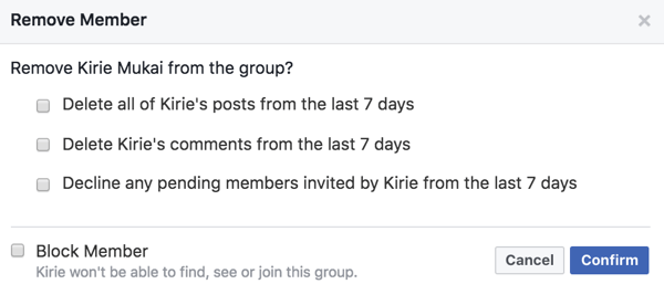 Μπορείτε να διαγράψετε τις αναρτήσεις, τα σχόλια και τις προσκλήσεις των μελών όταν τα καταργείτε από την ομάδα σας στο Facebook.
