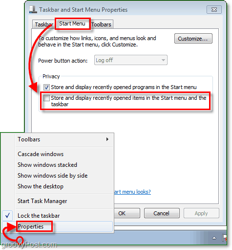 Πώς να απενεργοποιήσετε και να καθαρίσετε τα Windows 7 Ιστορικό άλμα λίστα