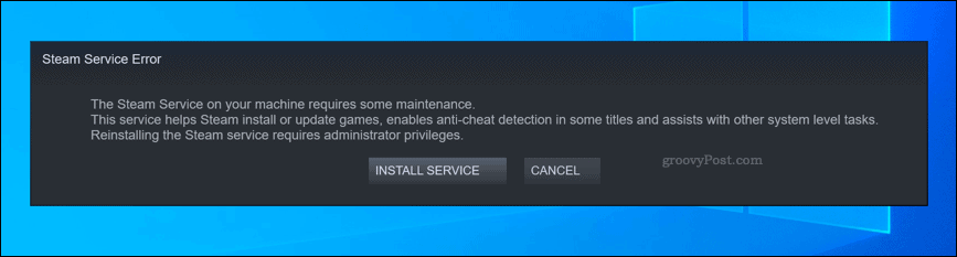 Κουτί προειδοποίησης σφάλματος υπηρεσίας Steam