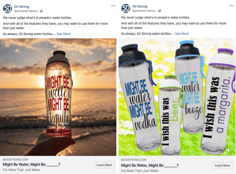 δύο διαφημίσεις Facebook με διαφορετικές εικόνες για δοκιμή με πειράματα στο Facebook