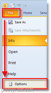 στο Outlook 2010 χρησιμοποιήστε την κορδέλα αρχείου για να ανοίξετε τις επιλογές