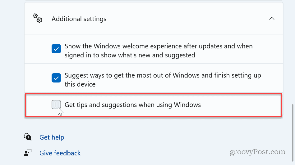 Απενεργοποιήστε τις Ειδοποιήσεις Συμβουλών και Προτάσεων των Windows 11
