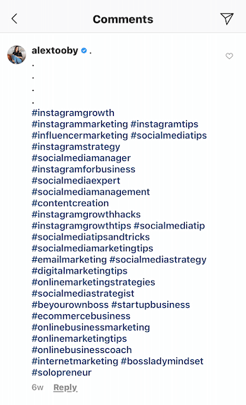 παράδειγμα σχολιασμού ανάρτησης στο Instagram από το @alextooby που αποτελείται από 30 σχετικά hashtags