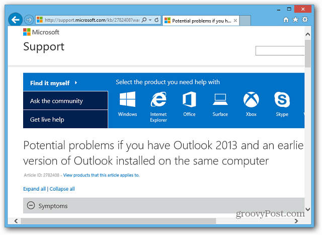 Σελίδα υποστήριξης της Microsoft