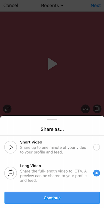 μεταφόρτωση βίντεο στο instagram με την κοινή χρήση καθώς το μενού ανεβαίνει και επιλέγεται η μεγάλη επιλογή βίντεο