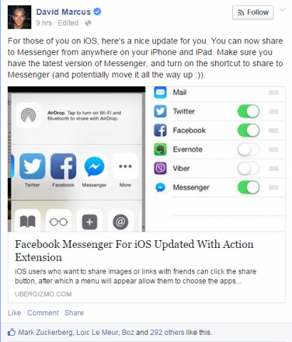 "Οι χρήστες του Facebook Messenger με iPhone ή iPad μπορούν πλέον να μοιράζονται φωτογραφίες ή συνδέσμους απευθείας στην εφαρμογή μετά από ενημέρωση στην εφαρμογή iOS."