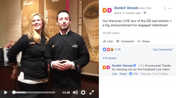 Το Dunkin Donuts χρησιμοποιεί το βίντεο του Facebook Live για να κάνει τους θαυμαστές πίσω από τα παρασκήνια.