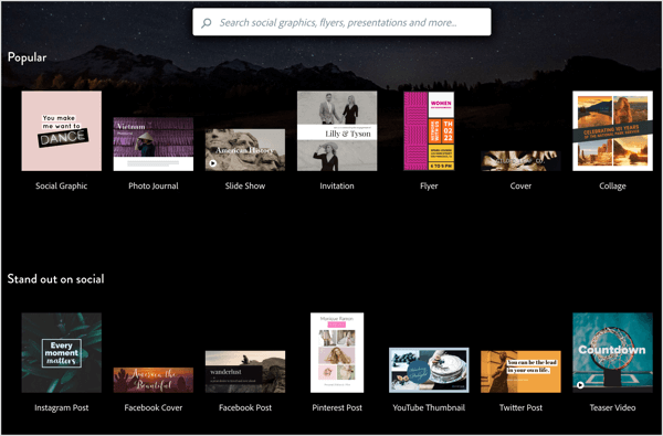 Το Adobe Spark προσφέρει μια ποικιλία προτύπων για προσαρμογή για τις εικόνες κοινωνικών μέσων.