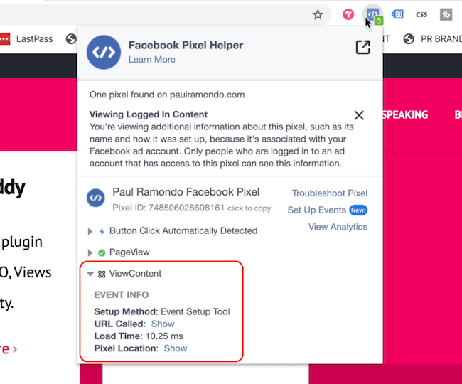 Βοηθός Facebook Pixel που εμφανίζει προβολή σελίδας και προβολή συμβάντων περιεχομένου