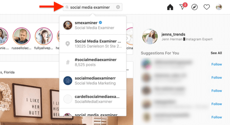 στιγμιότυπο οθόνης επιτραπέζιου υπολογιστή που δείχνει μια αναζήτηση για λογαριασμό instagram χρησιμοποιώντας όρους αναζήτησης του εξεταστή κοινωνικών μέσων