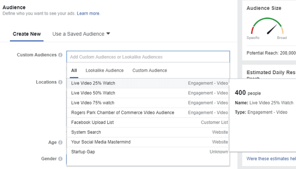 Όταν επιλέγετε ένα κοινό για τη διαφήμισή σας στο Facebook, φροντίστε να επιλέξετε το προσαρμοσμένο κοινό των ατόμων που είδαν τα ζωντανά βίντεό σας.