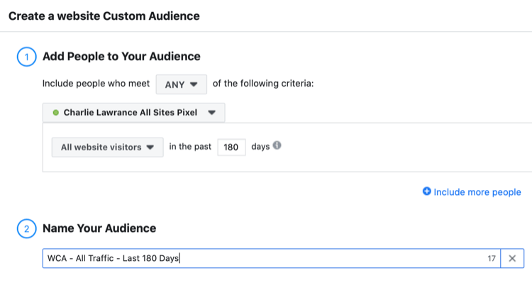Ρυθμίστε το προσαρμοσμένο κοινό του ιστότοπου Facebook όλων των επισκεπτών του ιστότοπου τις τελευταίες 180 ημέρες
