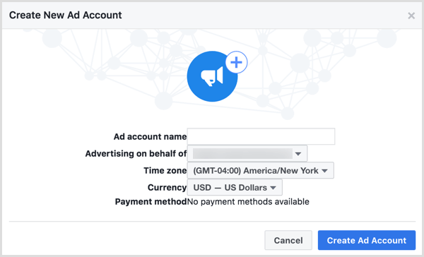 Χρησιμοποιήστε το όνομα της επιχείρησής σας όταν σας ζητηθεί να ονομάσετε τον νέο σας λογαριασμό διαφήμισης στο Facebook.