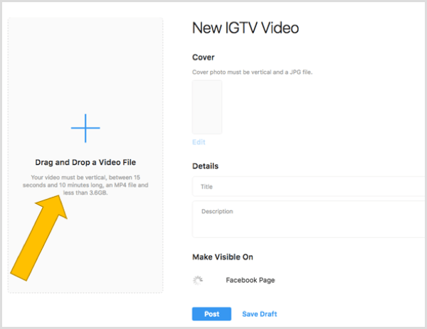 Μεταφέρετε και αποθέστε ένα αρχείο για να ανεβάσετε ένα βίντεο IGTV στην επιφάνεια εργασίας.