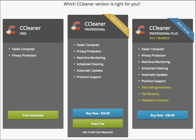 CCLeaner Plan Comparison
