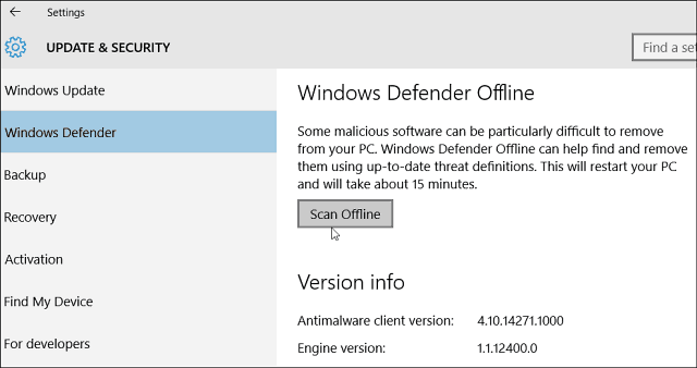 Windows 10 Defender για να επιτρέψει σάρωση χωρίς σύνδεση για κακόβουλο λογισμικό