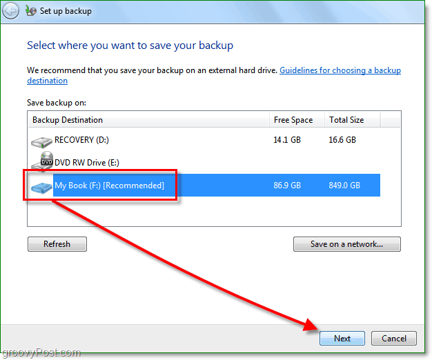 Windows 7 Backup - Επιλέξτε μια τοποθεσία δημιουργίας αντιγράφων ασφαλείας