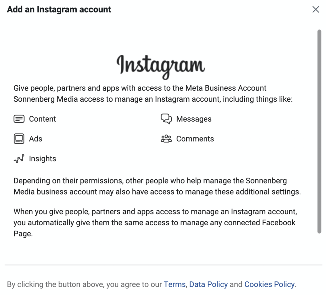 εικόνα της οθόνης Προσθήκη λογαριασμού Instagram στο Meta Business Manager