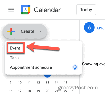 Στιγμιότυπο οθόνης επιλογής δημιουργίας συμβάντος του Ημερολογίου Google