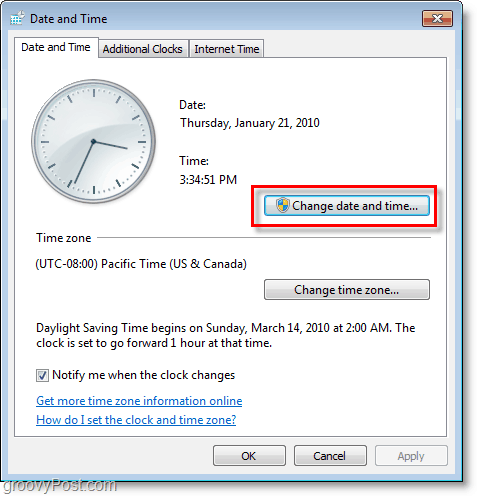 Στιγμιότυπο οθόνης των Windows 7 - αλλάξτε την ημερομηνία και την ώρα
