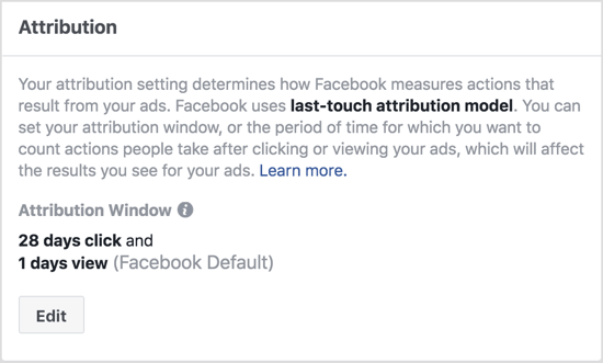 Οι προεπιλεγμένες ρυθμίσεις παραθύρου απόδοσης Facebook δείχνουν ενέργειες που πραγματοποιήθηκαν εντός 1 ημέρας από την προβολή της διαφήμισής σας και εντός 28 ημερών από την κλικ στη διαφήμισή σας. 
