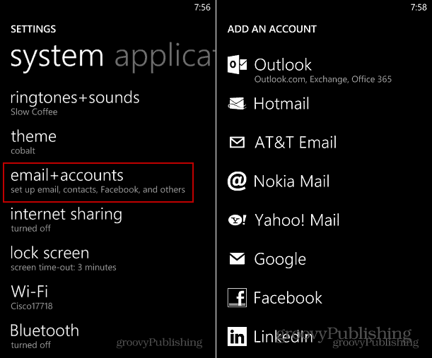 Προσθήκη λογαριασμού Windows Phone 8