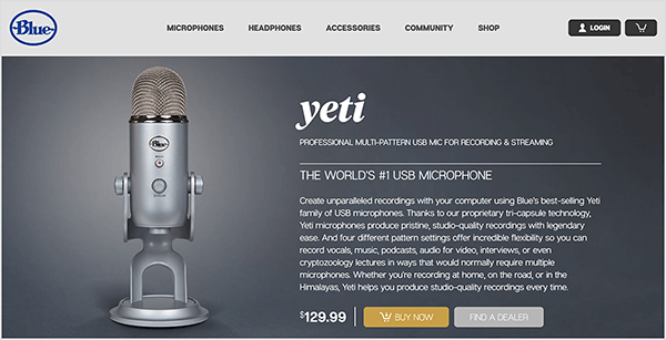 Ο Dusty Porter συνιστά την αναβάθμιση σε μικρόφωνο USB όπως το Blue Yeti. Στη μπλε σελίδα πωλήσεων για το μικρόφωνο Yeti, εμφανίζεται μια εικόνα ενός μικροφώνου χρωμίου σε μια βάση σε σκούρο γκρι φόντο. Η τιμή αναφέρεται ως 129,00 $.