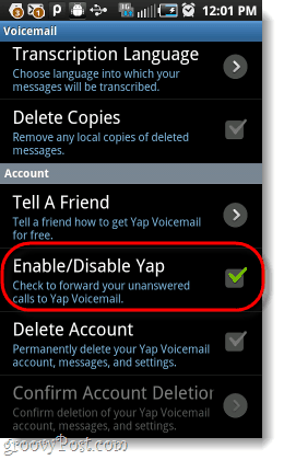 απενεργοποιήστε το yap από το φωνητικό ταχυδρομείο του Android