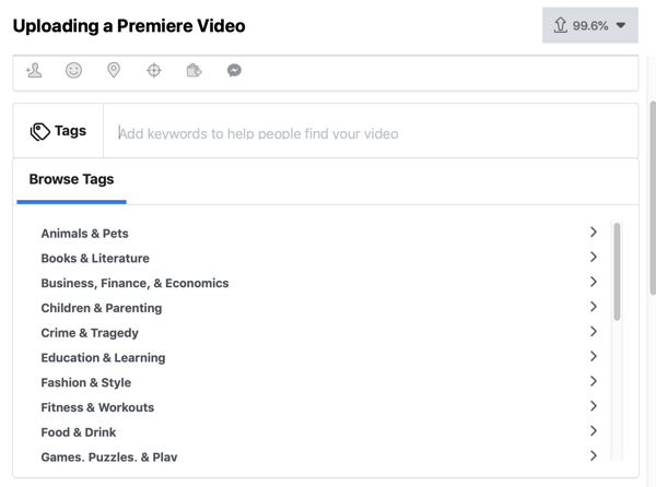 Πώς να ρυθμίσετε την Πρεμιέρα Facebook, βήμα 4, ετικέτες βίντεο