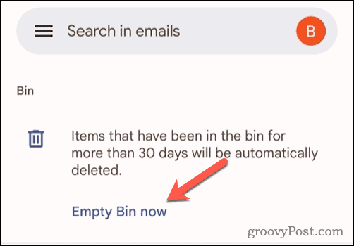 Επιλογή άδειας απορριμμάτων στο Gmail στο κινητό
