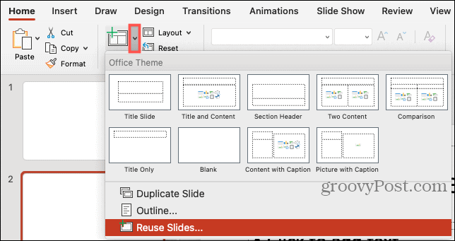 Νέα διαφάνεια, επαναχρησιμοποίηση διαφανειών στο PowerPoint σε Mac