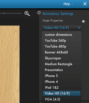 Κάντε κλικ στο μενού Moovly Animation Settings για να δείτε τις επιλογές βελτιστοποίησης πλατφόρμας βίντεο.