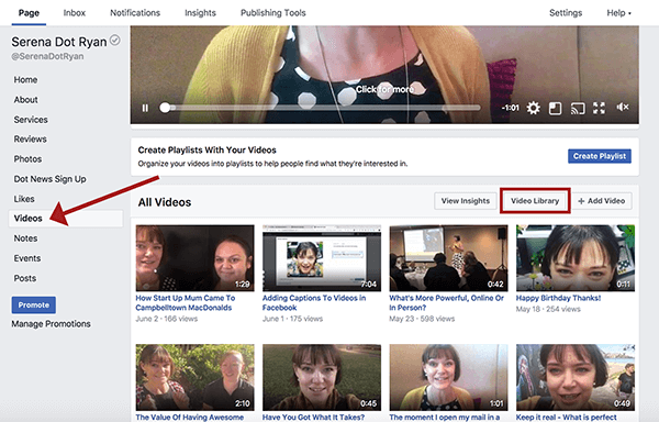 Στη σελίδα της επιχείρησής σας στο Facebook, κάντε κλικ στο Βίντεο και στη συνέχεια στη Βιβλιοθήκη βίντεο για να δείτε όλα τα βίντεό σας.