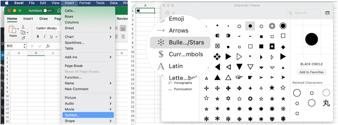 Εισαγωγή κουκκίδων στο Microsoft Excel σε Mac