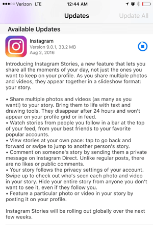 ενημέρωση ιστοριών εφαρμογής instagram