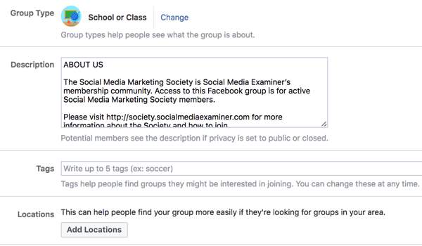 Δώστε επιπλέον λεπτομέρειες σχετικά με την ομάδα σας στο Facebook για να διευκολύνετε τους χρήστες να την ανακαλύψουν.
