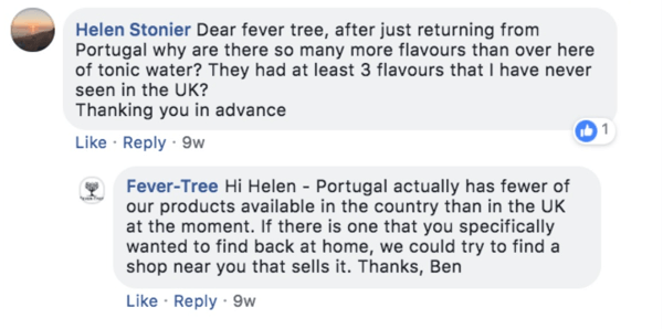 Παράδειγμα του Fever-Tree που απαντά σε ερώτηση ενός πελάτη σε μια ανάρτηση στο Facebook.