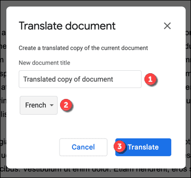 Επιλογές μετάφρασης στα Έγγραφα Google