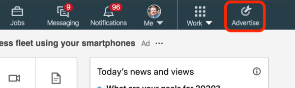 στιγμιότυπο οθόνης του κουμπιού Διαφήμιση στο LinkedIn