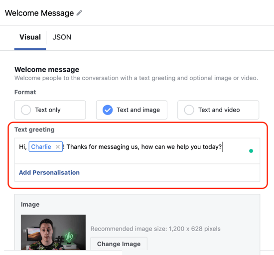 Πώς να στοχεύσετε θερμούς δυνητικούς πελάτες με διαφημίσεις Facebook Messenger, βήμα 12, παράδειγμα εξατομίκευσης προσαρμοσμένου προτύπου προορισμού messenger