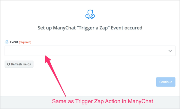 Επιλέξτε την ενέργεια Trigger Zap που δημιουργήσατε στη ροή ManyChat.