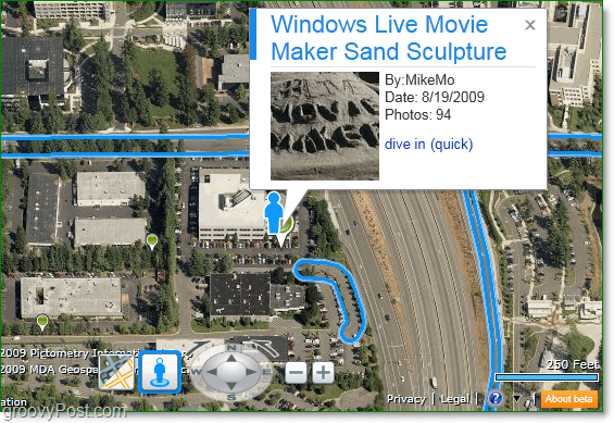 ακολουθήστε τις μπλε γραμμές για να δείτε πού είναι διαθέσιμο το streetside και παρακολουθήστε τις πράσινες καρφίτσες για τα hotspots του Photosynth