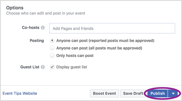 Όταν ολοκληρώσετε τη δημιουργία της εκδήλωσης στο Facebook, κάντε κλικ στην επιλογή Δημοσίευση.