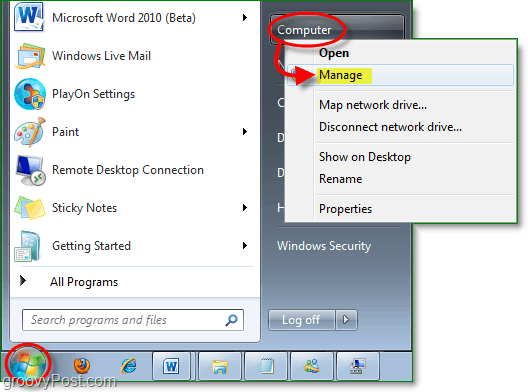 πρόσβαση στο διαχειριστή συσκευών από το μενού έναρξης των Windows 7