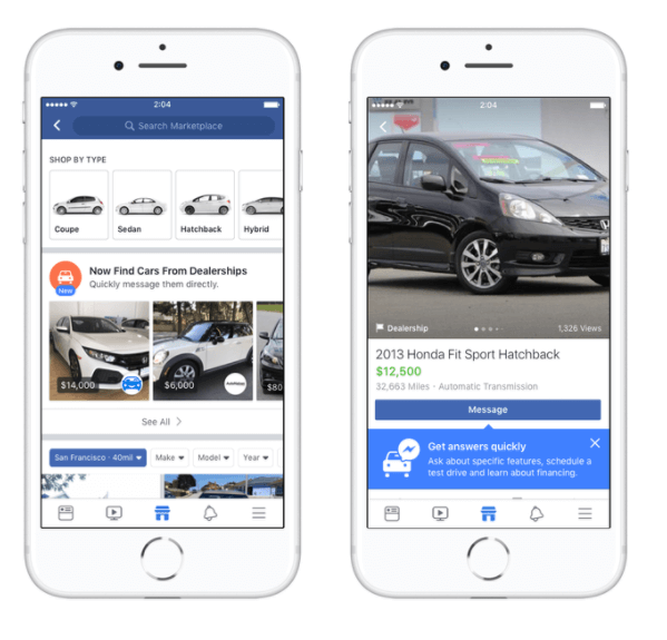 Το Facebook Marketplace συνεργάζεται με τους ηγέτες της αυτοκινητοβιομηχανίας Edmunds, Cars.com, Auction123 και πολλά άλλα για να διευκολύνει την αγορά αυτοκινήτων για αγοραστές στις ΗΠΑ.